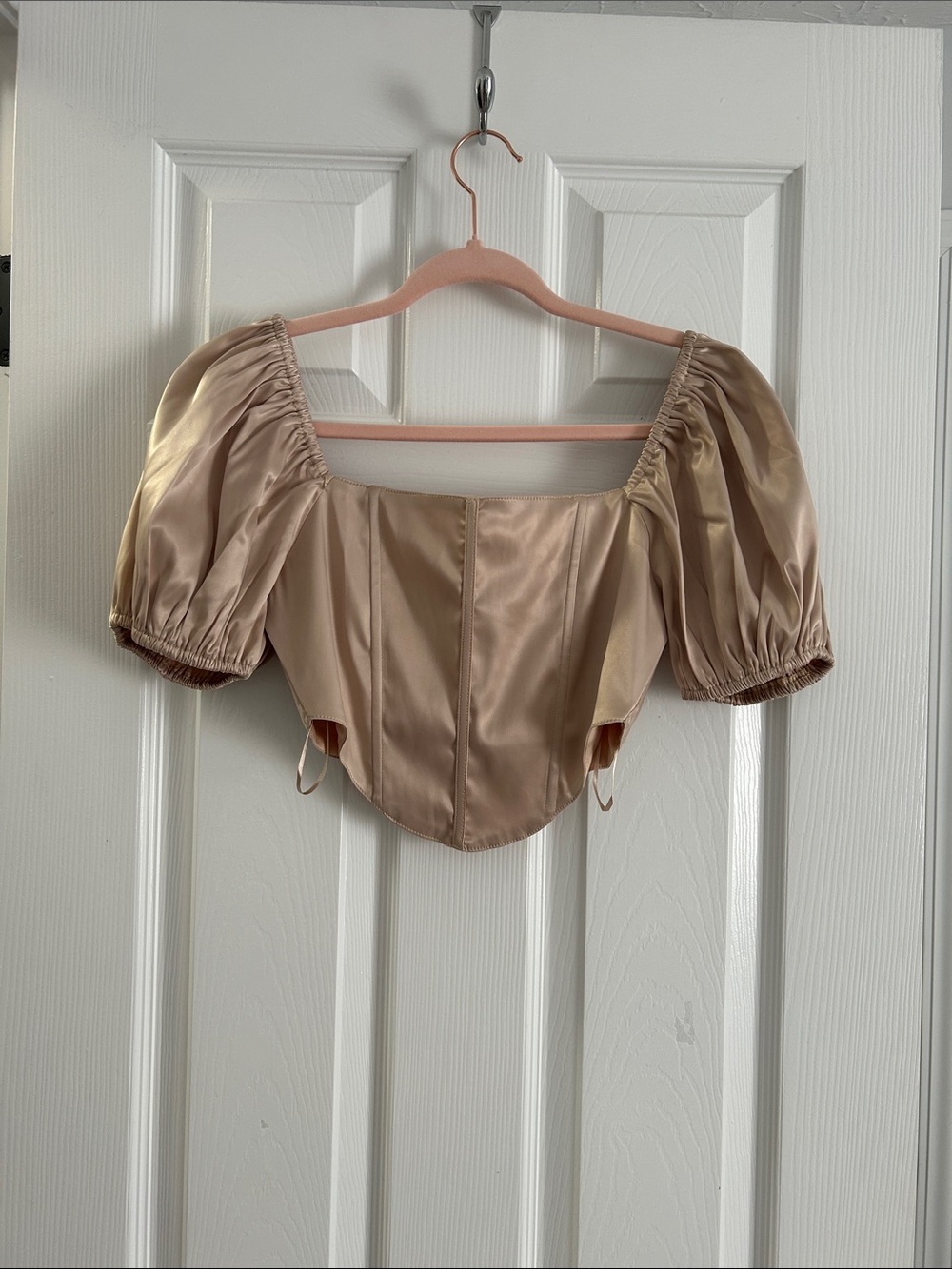 Puff-Sleeve Satin Corset Crop Top in Champagne